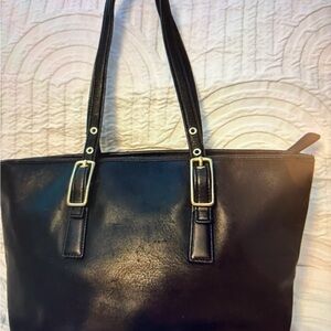 Coach Black Leather Vintage Market Tote Bag with Gold Accents